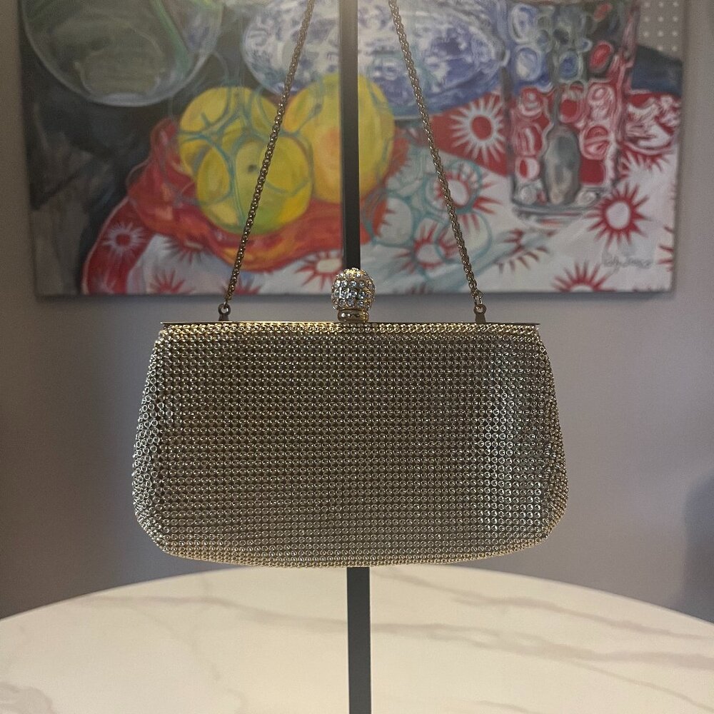 Y2K Whiting & Davis Gold Tone Metal Mesh Evening Clutch – Rhinestone Ball Clasp